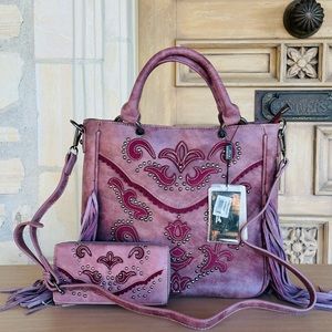Montana West Purple Studded Fringe Satchel with Matching Wallet